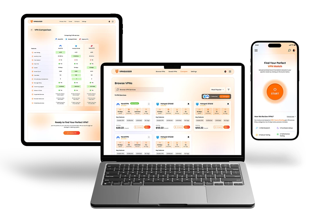 VPNGuider on laptop, tablet and phone