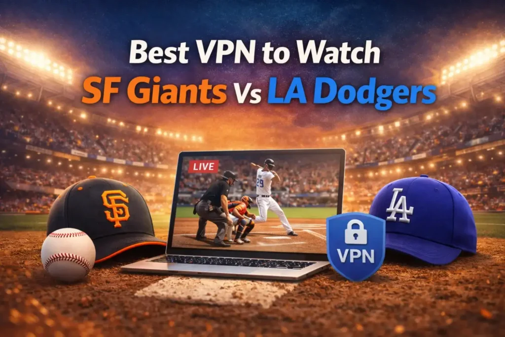 Best VPN to watch SF Giants vs LA Dodgers live, baseball stadium background with laptop streaming game and VPN shield