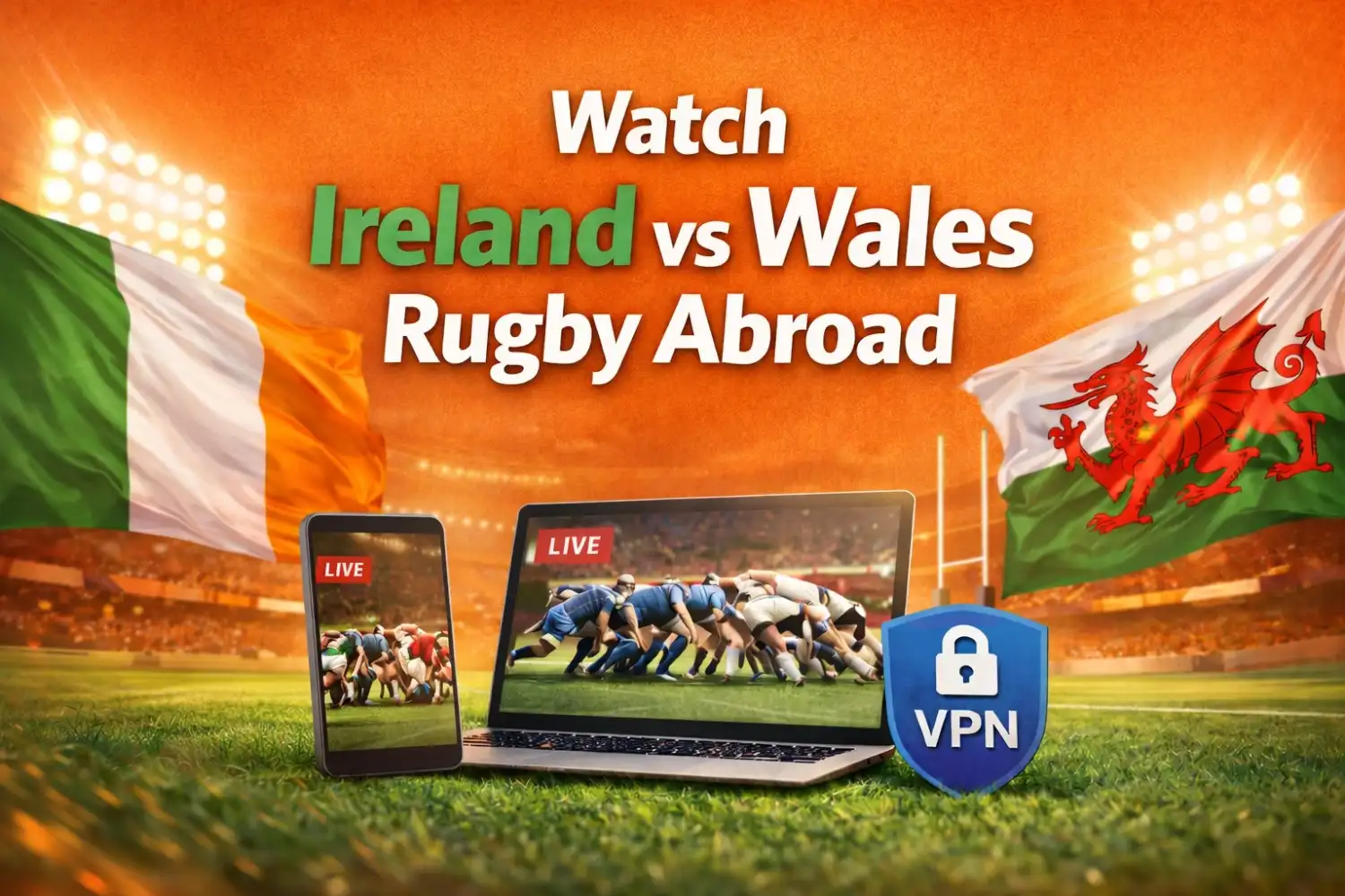 Watch Ireland vs Wales Rugby Abroad with VPN, Ireland and Wales flags, laptop and mobile phone streaming live rugby match in stadium