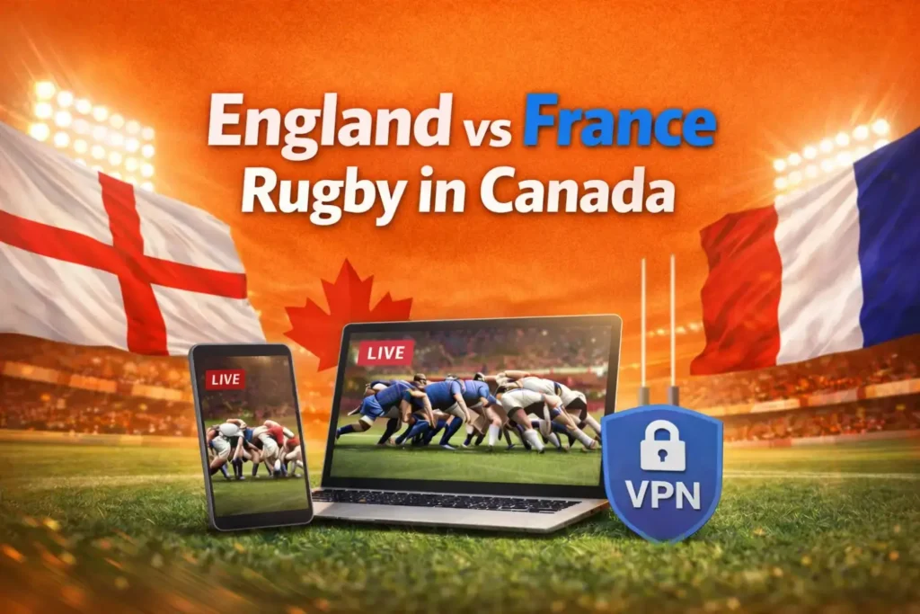 England vs France Rugby in Canada live stream, England and France flags with Canadian maple leaf, laptop and mobile streaming rugby match with VPN shield