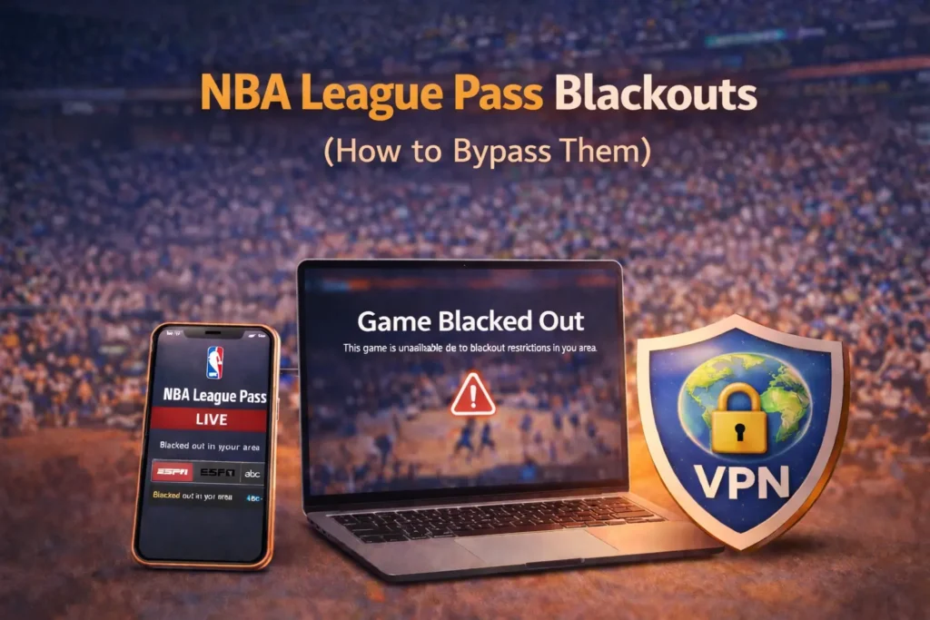 NBA League Pass blackout restrictions shown on laptop and mobile with VPN solution for watching blocked games