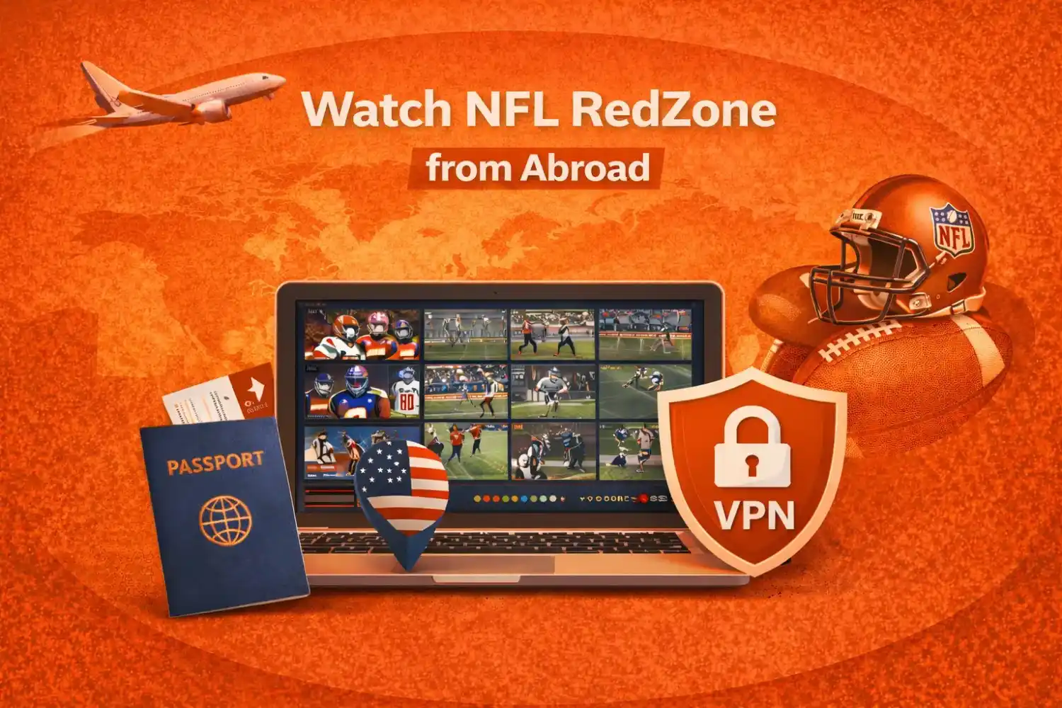 Watch NFL RedZone from Abroad featured image with airplane, laptop streaming games, passport, VPN shield, and NFL helmet on orange background