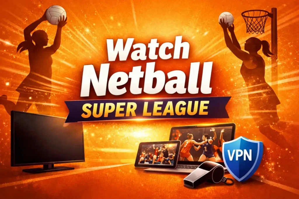 Watch Netball Super League promotional graphic with orange background, netball player silhouettes, streaming devices, and VPN symbol.