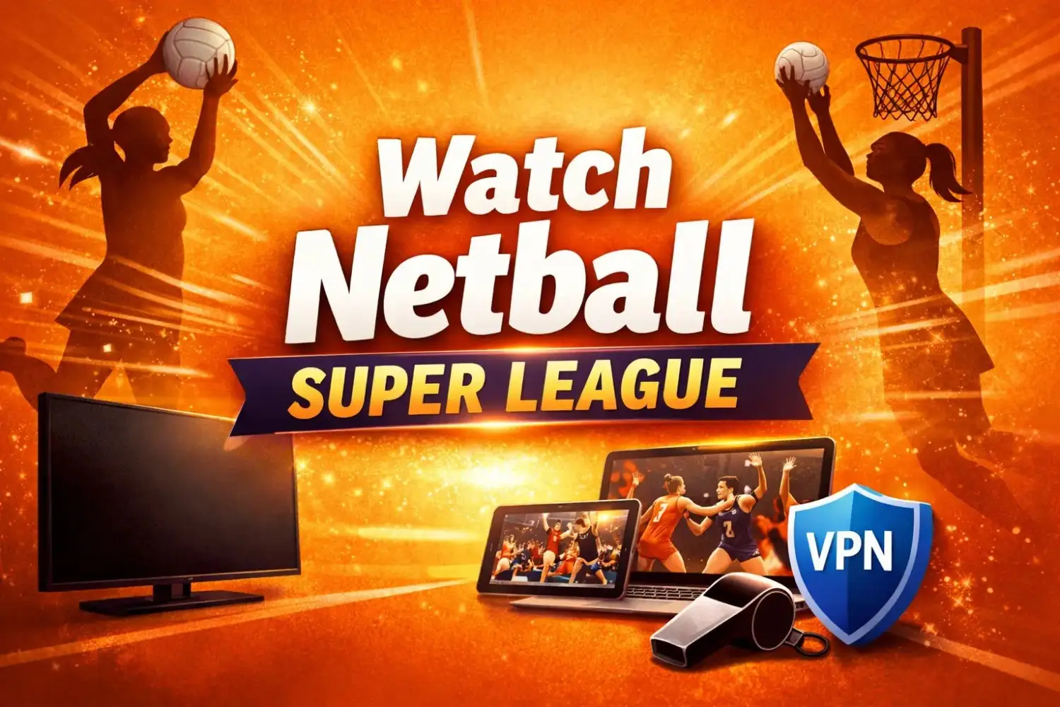 Watch Netball Super League promotional graphic with orange background, netball player silhouettes, streaming devices, and VPN symbol.