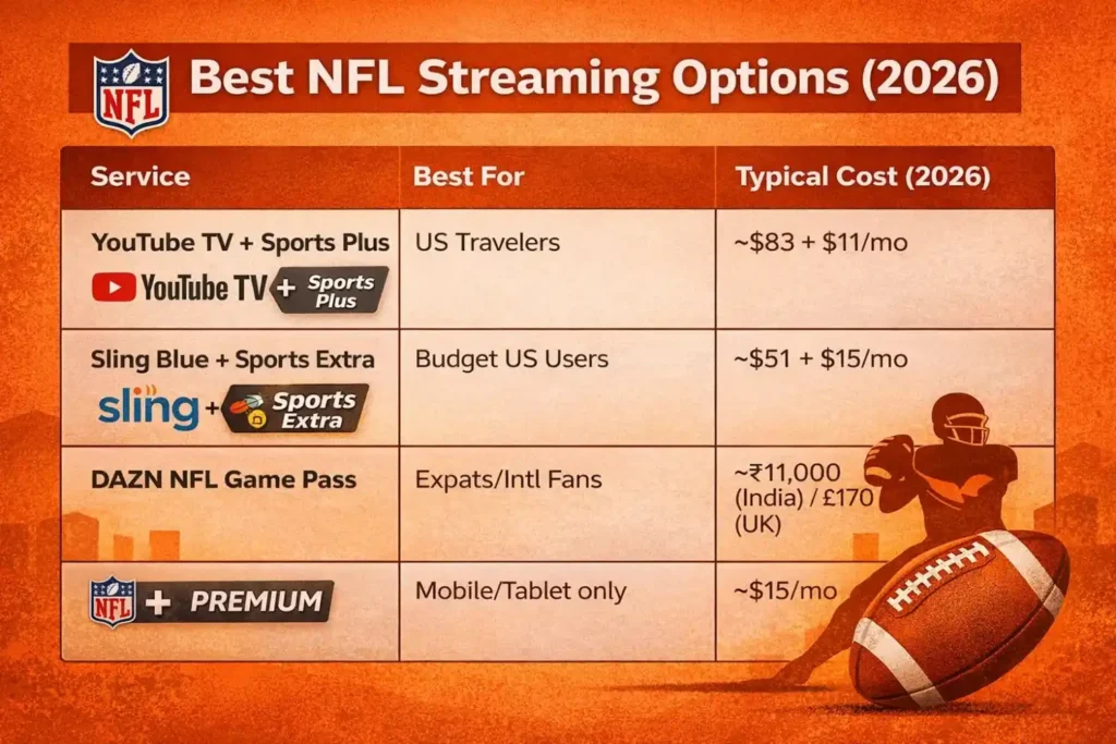 Table comparing NFL streaming services in 2026 including YouTube TV, Sling Blue, DAZN NFL Game Pass, and NFL+ Premium on orange background