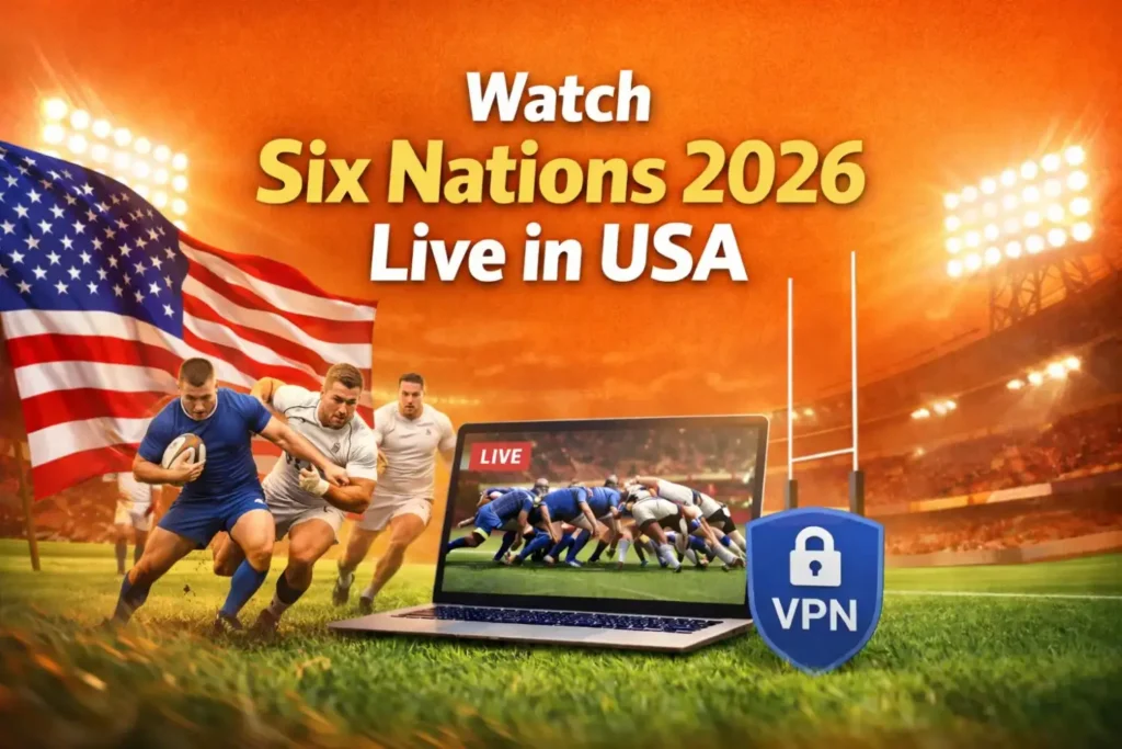 Watch Six Nations 2026 Live in USA with VPN, rugby players in action, American flag, laptop streaming live match in stadium