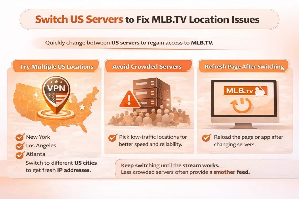 Switch US VPN servers infographic showing how changing US locations, avoiding crowded servers, and refreshing the page can fix MLB.TV location issues.