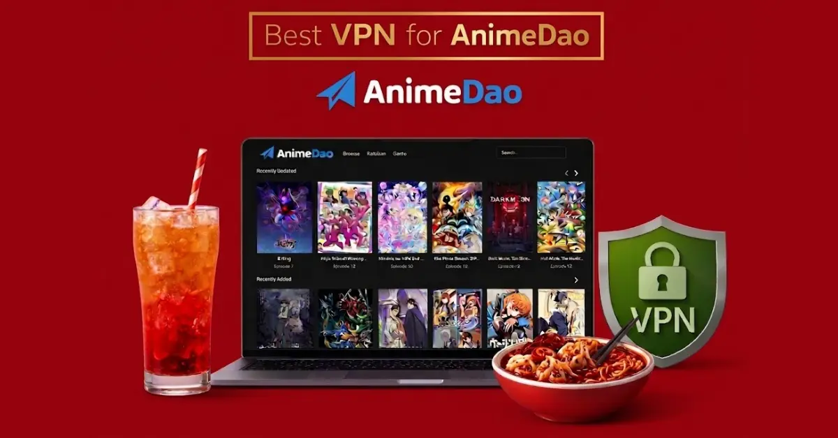 Laptop showing AnimeDao anime streaming website with a glass of orange soda with ice and straw, and a bowl of noodles and dumplings, alongside a VPN shield on a red background.