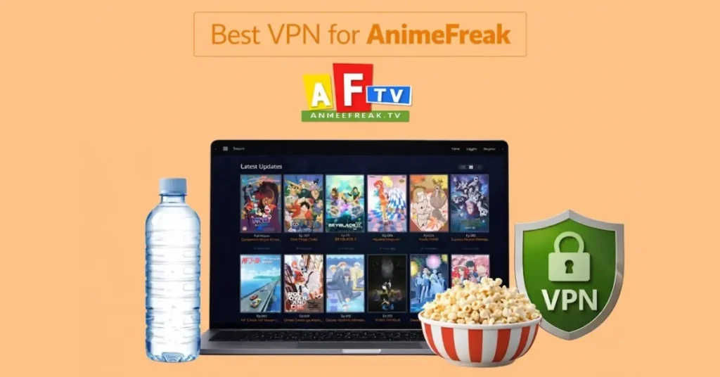Laptop displaying AnimeFreak website with water bottle and popcorn bowl beside it, AnimeFreak logo above and green VPN shield on a light orange background.