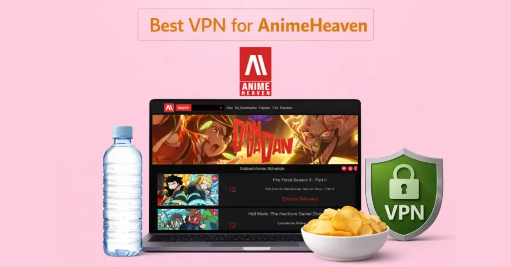 Laptop displaying AnimeHeaven website with water bottle and bowl of chips beside it, AnimeHeaven logo above and green VPN shield on a flat pink background.