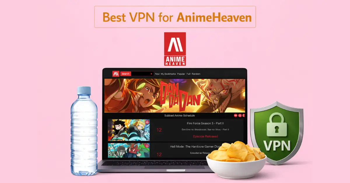 Laptop displaying AnimeHeaven website with water bottle and bowl of chips beside it, AnimeHeaven logo above and green VPN shield on a flat pink background.