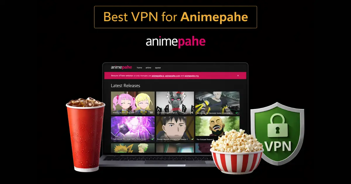 Laptop displaying Animepahe website with cola drink and popcorn beside it, Animepahe logo above and green VPN shield on a black background.