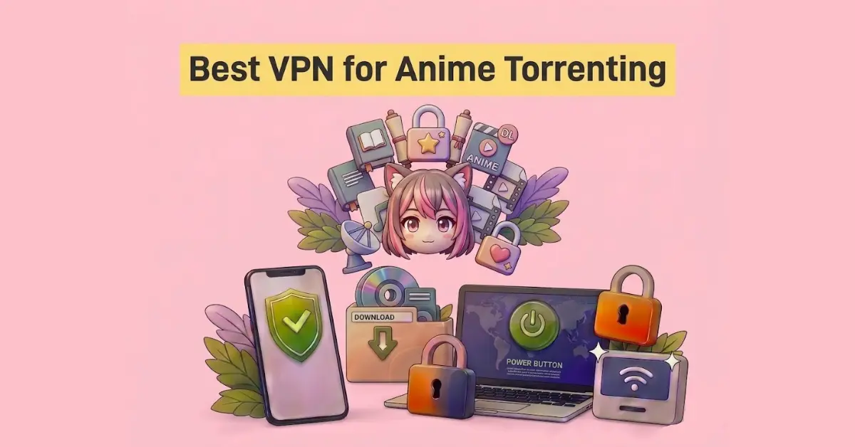 Best VPN for anime torrenting with anime character, secure devices, padlocks, and download icons on pink background