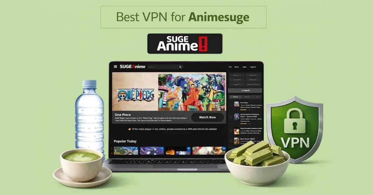 Laptop displaying Animesuge anime streaming website with matcha drink and KitKat pieces in a bowl, alongside a VPN shield on a light green background.