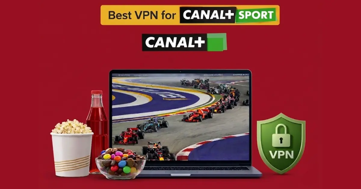 Laptop displaying a live Formula 1 race with CANAL+ Sport branding above, alongside a water bottle, chips packet, popcorn bowl, and a VPN shield on a solid red background.