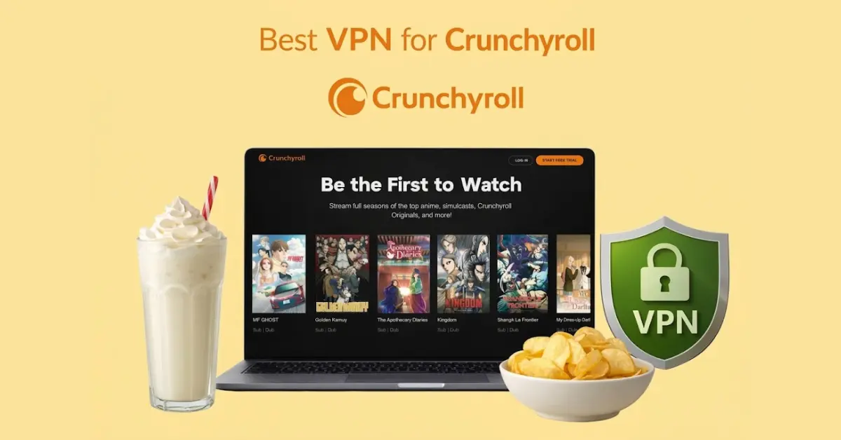Laptop showing Crunchyroll anime streaming interface with a vanilla milkshake and a bowl of chips, alongside a VPN shield on a light yellow background.