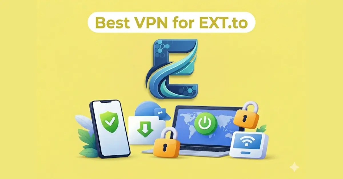 Best VPN for EXT.to featuring EXT.to logo with secure devices, padlocks, download icon, and privacy symbols on yellow background