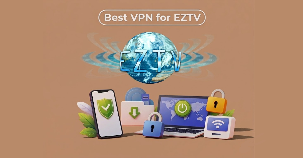 Best VPN for EZTV featuring globe logo with secure devices, padlocks, download icon, and internet privacy symbols on beige background