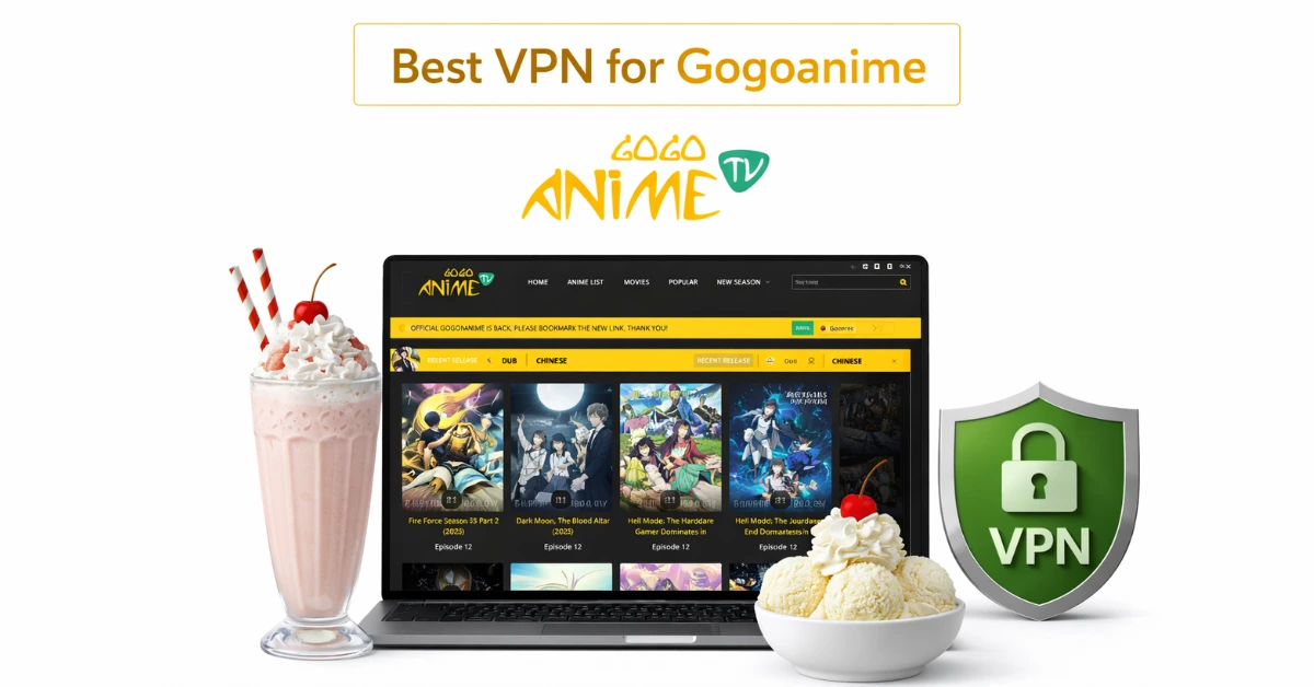Laptop displaying Gogoanime website with milkshake and vanilla ice cream beside it, Gogoanime logo above and green VPN shield on a clean white background.