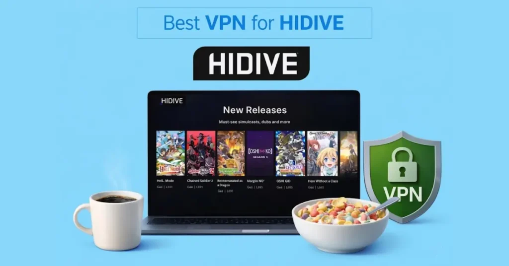 Laptop displaying HIDIVE anime streaming interface with a coffee cup and a bowl of cereal with milk and spoon, alongside a VPN shield on a light blue background.