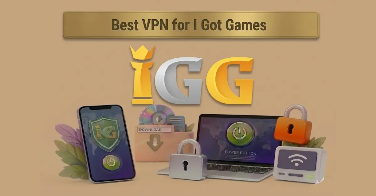Best VPN for I Got Games with IGG logo, secure devices, padlocks, and download icon on brown background