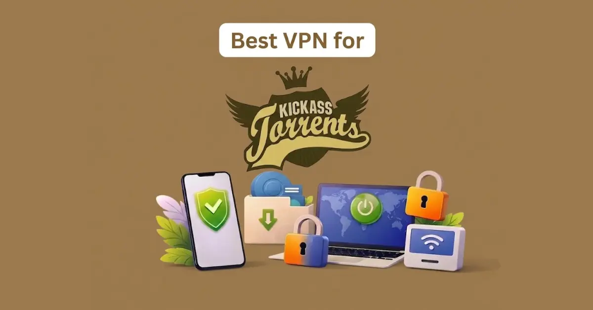Best VPN for Kickass Torrents with logo, secure devices, padlocks, and download icon on light brown background