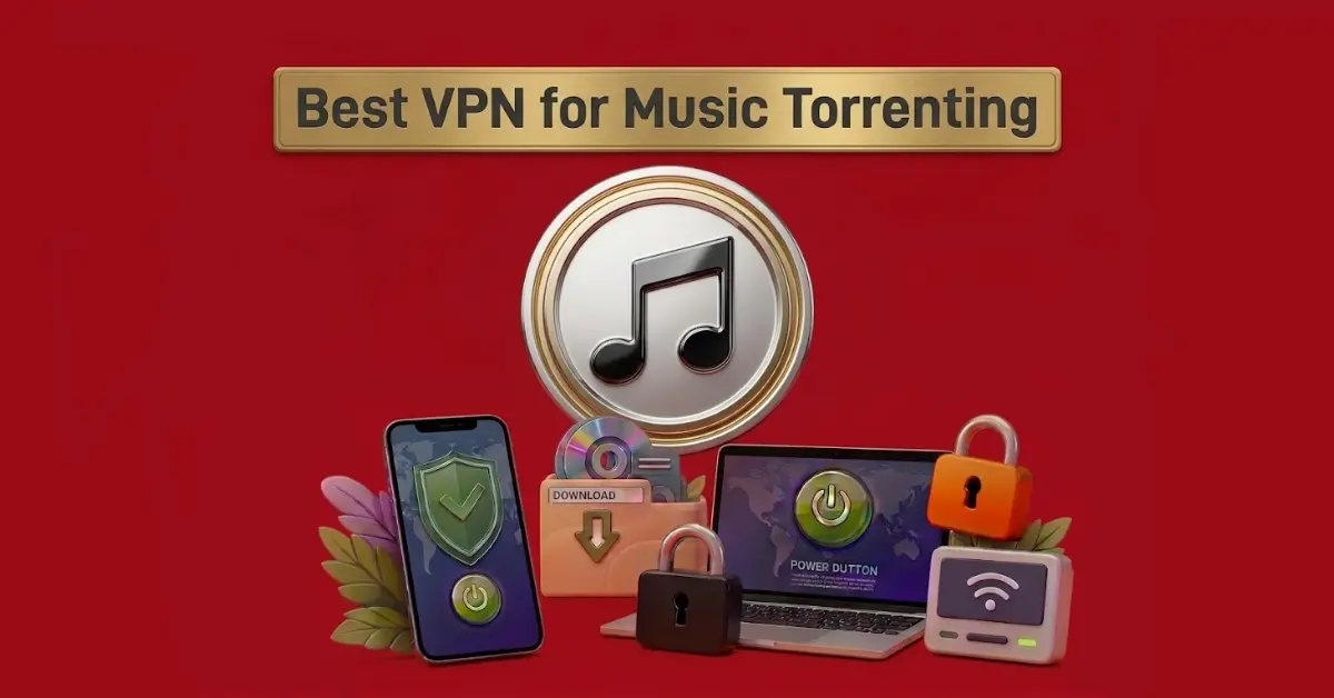 Best VPN for music torrenting with music note icon, secure devices, padlocks, and download symbols on red background
