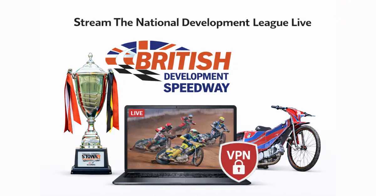 Watch National Development League Speedway live streaming with British Development Speedway logo, trophy, laptop showing race, speedway bike and VPN icon.
