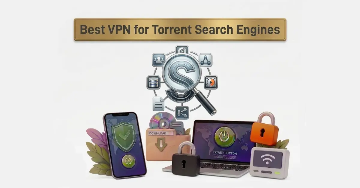 Best VPN for torrent search engines with search icon, secure devices, padlocks, and download symbols on light background