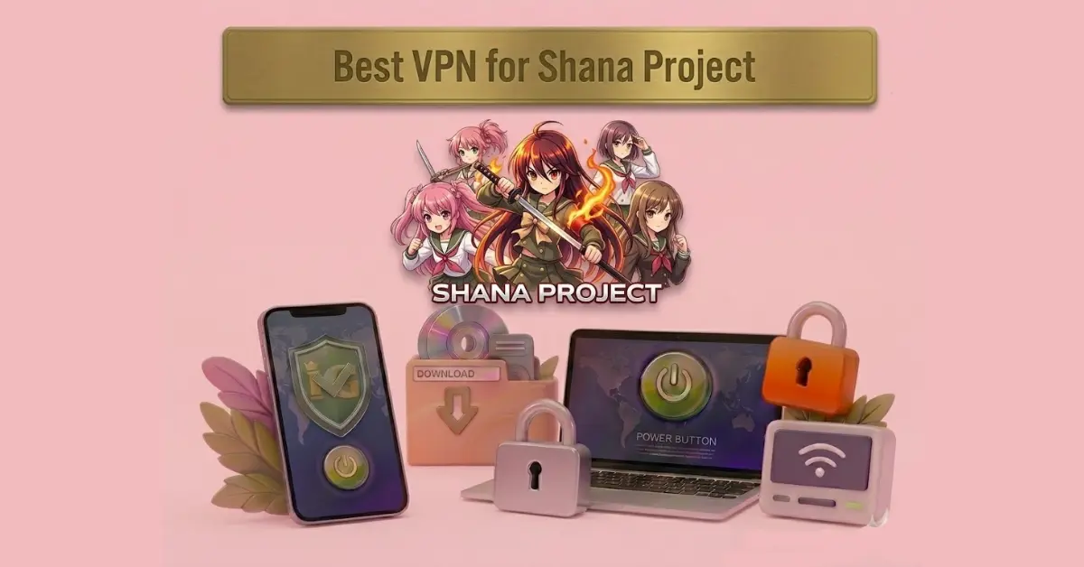 Best VPN for Shana Project with anime characters, secure devices, padlocks, and download icon on pink background