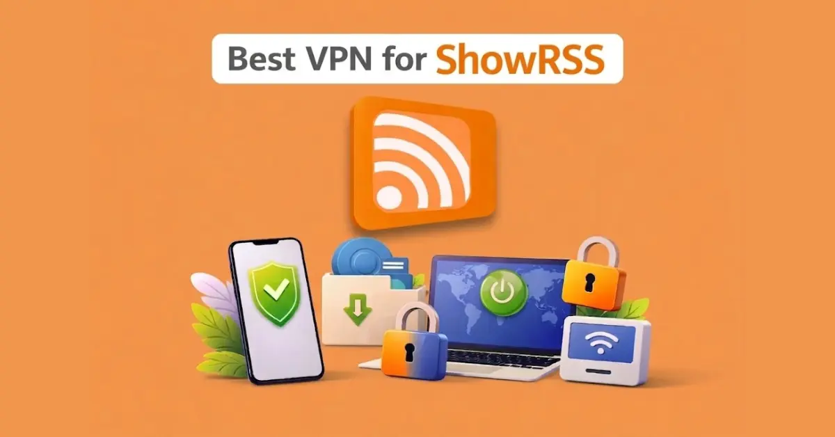 Best VPN for ShowRSS with RSS logo, secure devices, padlocks, and download icon on light orange background