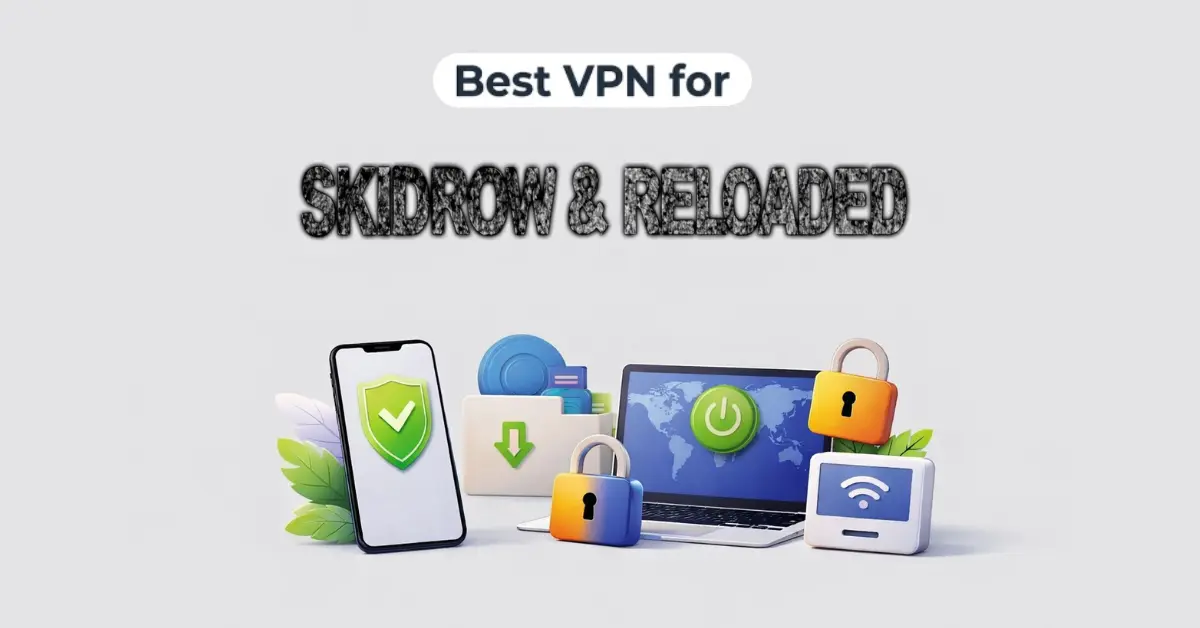 Best VPN for Skidrow and Reloaded with grunge-style logo, secure devices, padlocks, and download icon on light grey background