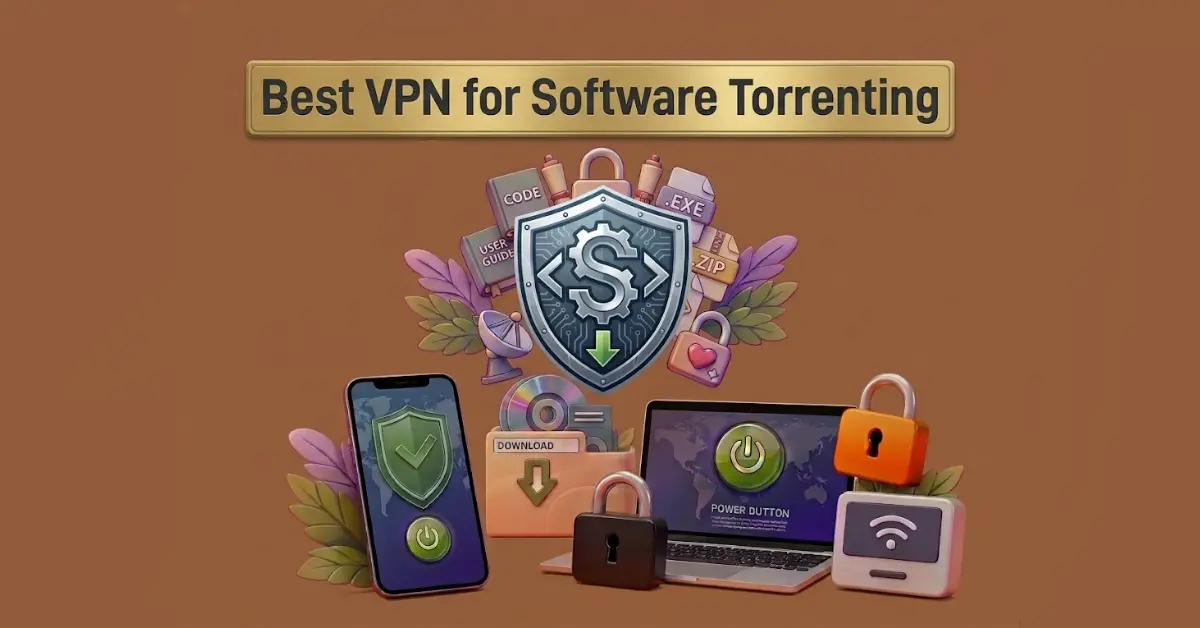 Best VPN for software torrenting with shield icon, secure devices, padlocks, and download symbols on brown background