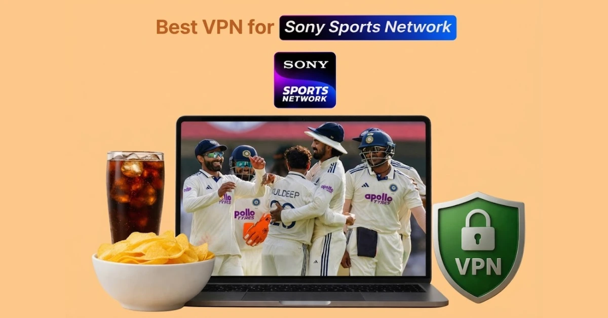 Laptop displaying a cricket match with players celebrating, alongside a glass of cola and a bowl of chips, promoting the best VPN for Sony Sports Network on a light orange background.