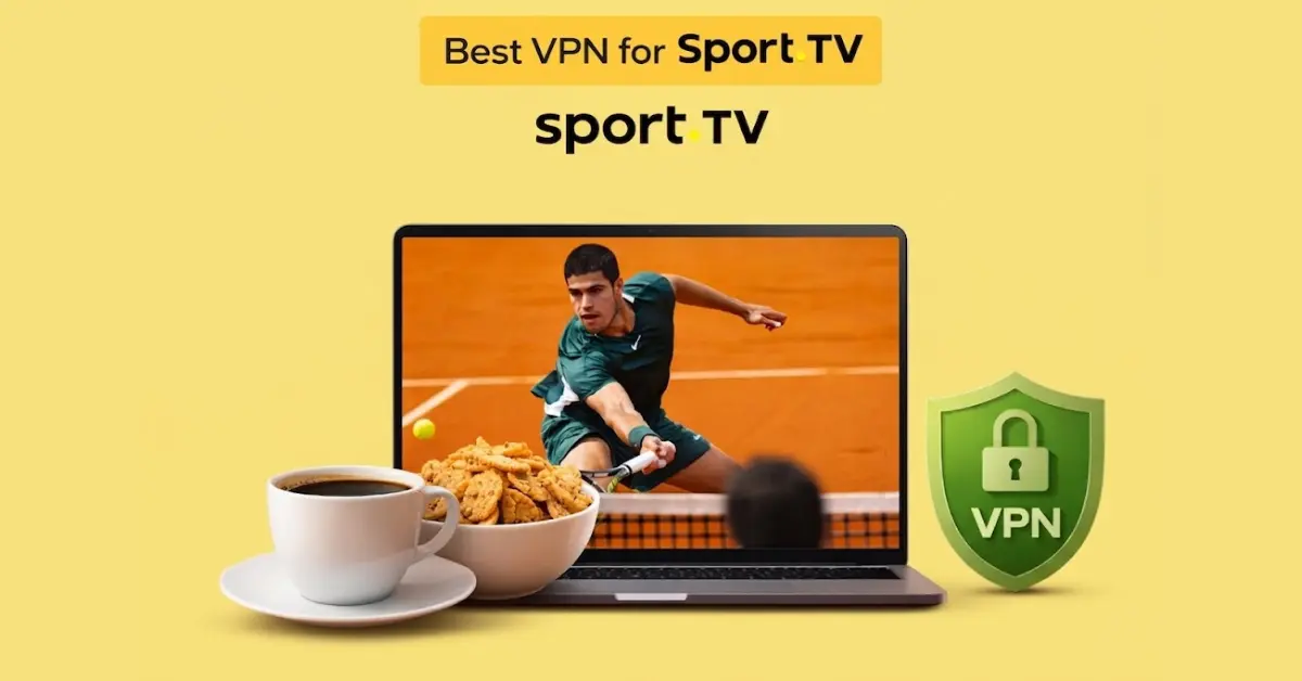 Best VPN for Sport TV with tennis streaming on laptop, coffee cup, cookies, cereal bowl, and VPN security shield on yellow background