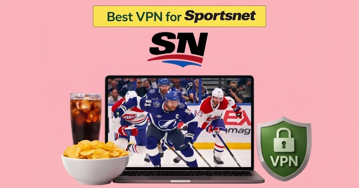 Laptop displaying an ice hockey match, with a glass of cola and a bowl of chips beside it, promoting the best VPN for Sportsnet on a light red background.
