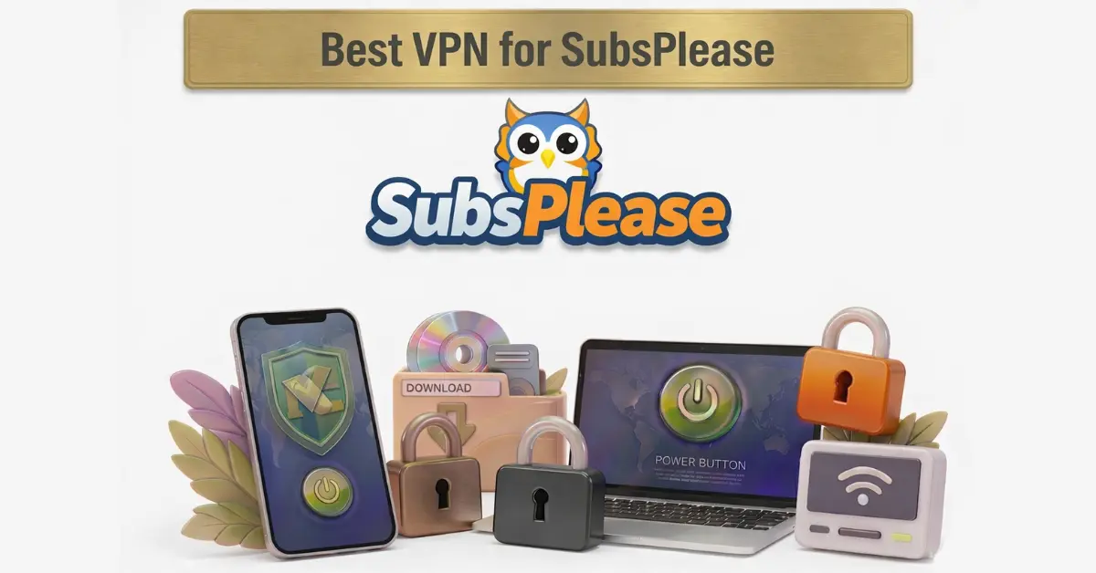 Best VPN for SubsPlease with owl logo, secure devices, padlocks, and download icon on white background