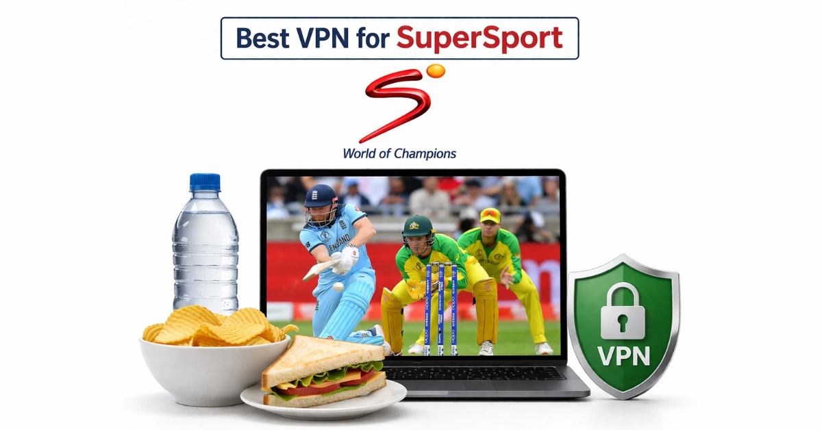Best VPN for SuperSport with cricket streaming on laptop, water bottle, chips in a bowl, sandwich, and VPN security shield on white background