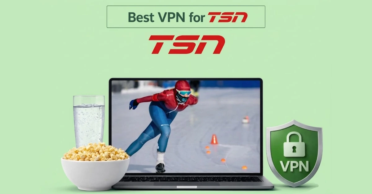 Laptop displaying a speed skating event, with a glass of water and a bowl of popcorn beside it, promoting the best VPN for TSN on a light green background.