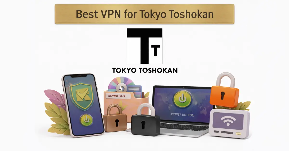 Best VPN for Tokyo Toshokan with Tokyo Toshokan logo, secure devices, padlocks, and download icon on white background