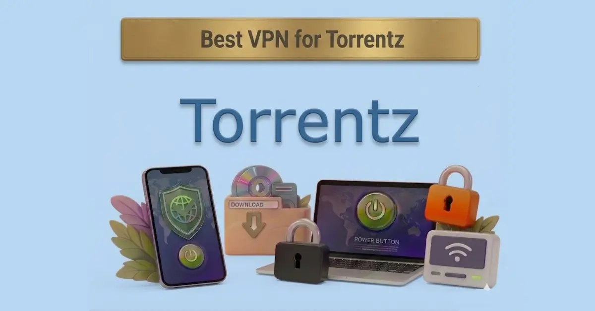 Best VPN for Torrentz with Torrentz logo, secure devices, padlocks, and download icon on blue background