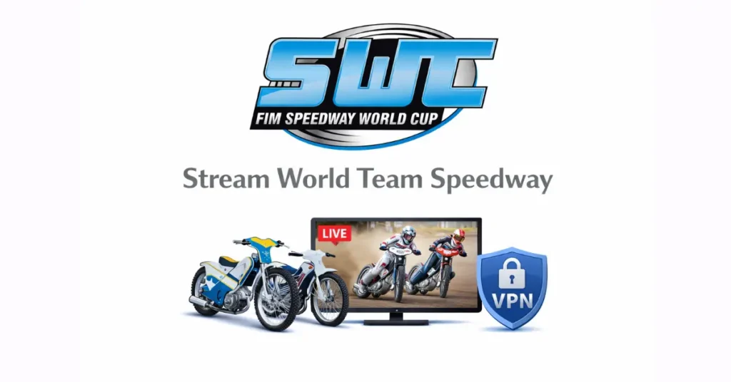 Stream World Team Speedway online with SWC Speedway World Cup logo, speedway motorcycles, live race streaming screen and VPN icon