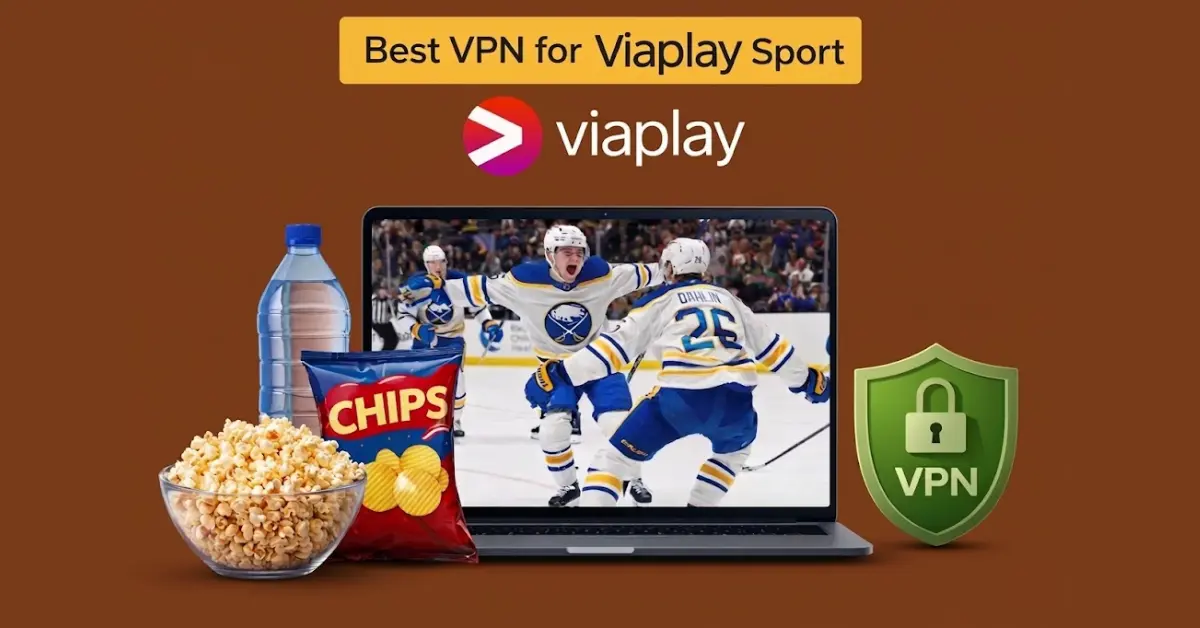 Laptop displaying a live ice hockey match with Viaplay Sport logo above, alongside a water bottle, chips packet, popcorn bowl, and a VPN shield on a brown background.