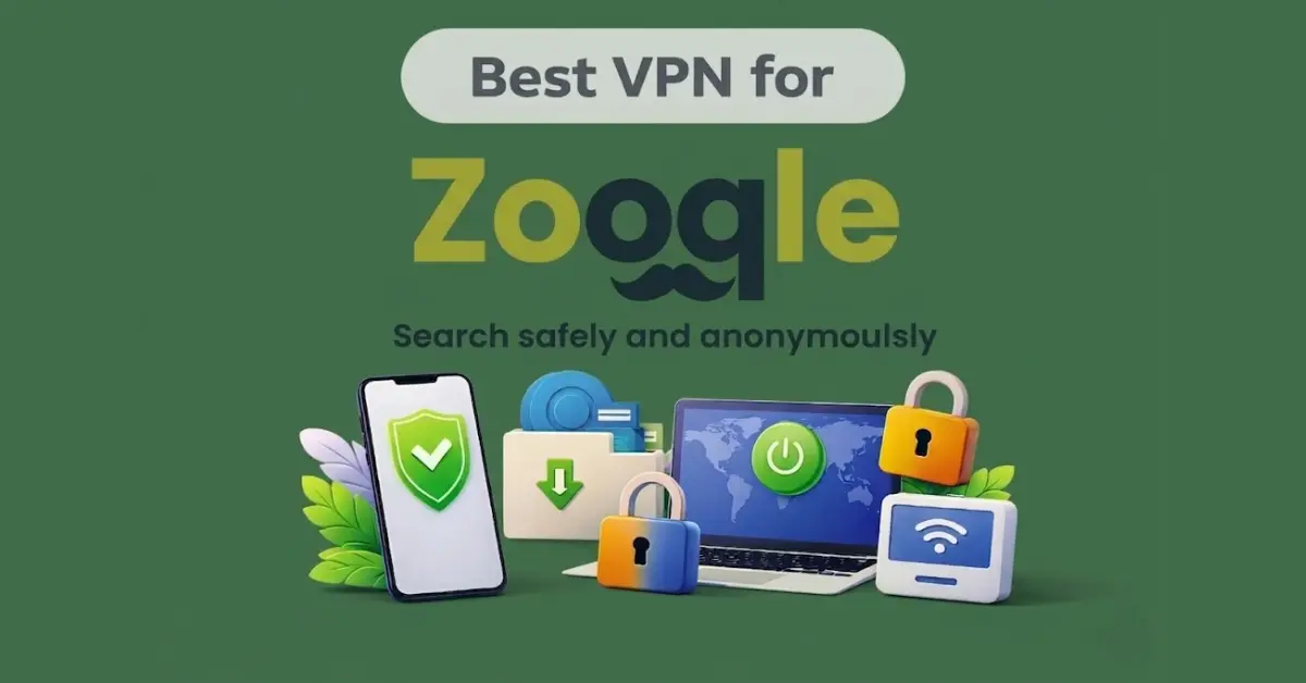 Best VPN for ZoogIe with logo, secure devices, padlocks, and privacy icons on green background
