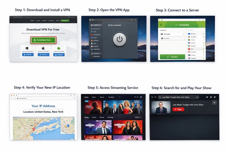 Step by step VPN setup guide showing how to select a server location to stream shows online securely