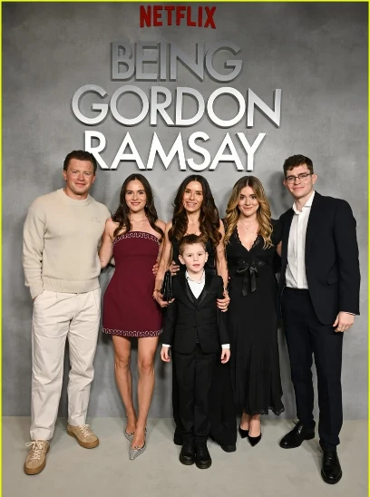 From Left: Adam Peaty, Holly Ramsay, Tana Ramsay, Oscar James Ramsay, Tilly Ramsay and Henry Farrow attend the launch of Being Gordon Ramsay on February 16, 2026 in London
