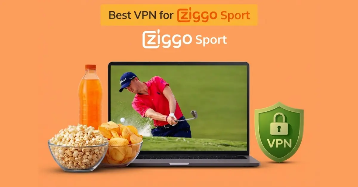 Best VPN for Ziggo Sport with golf streaming on laptop, orange soda bottle, popcorn, chips, and VPN security shield on orange background
