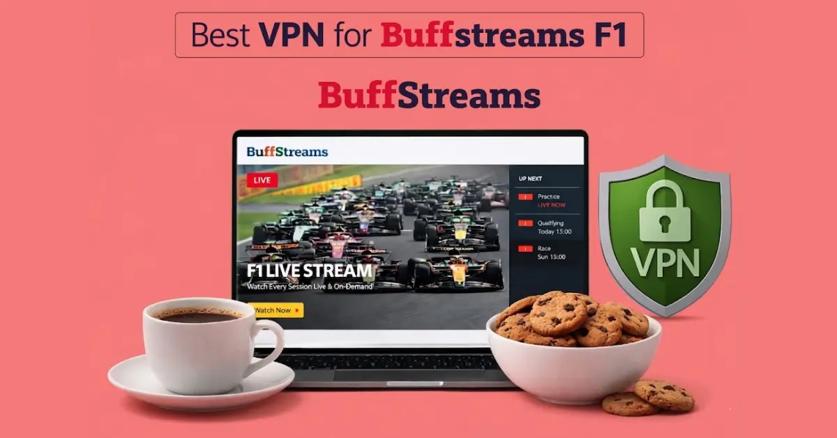 Laptop displaying a BuffStreams F1 live stream with a cup of coffee and a bowl of cookies on a light red background alongside a VPN shield icon.