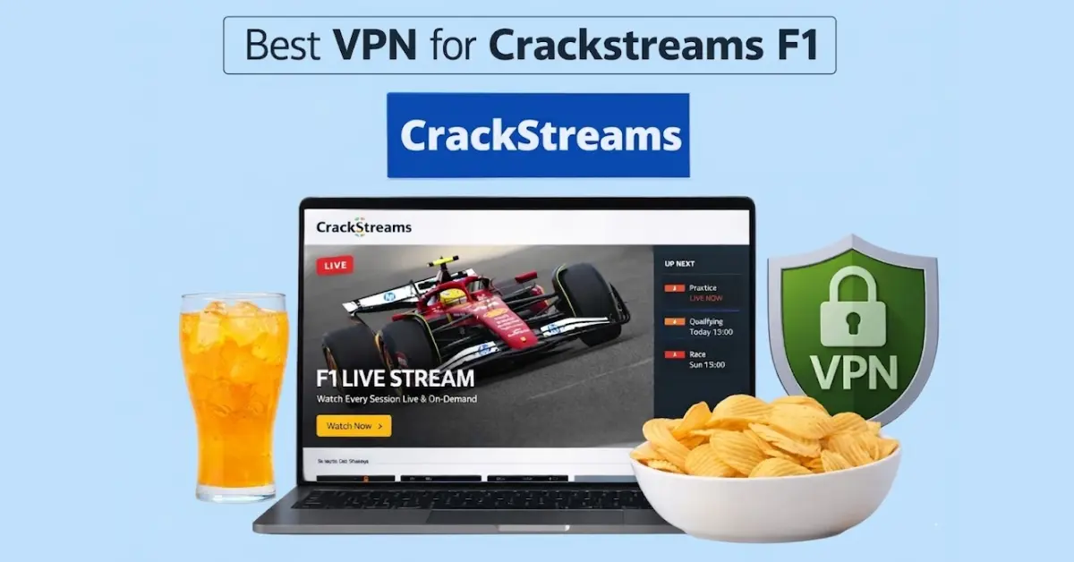 Laptop showing a CrackStreams F1 live stream with a glass of orange soda and a bowl of chips on a light blue background alongside a VPN shield icon.