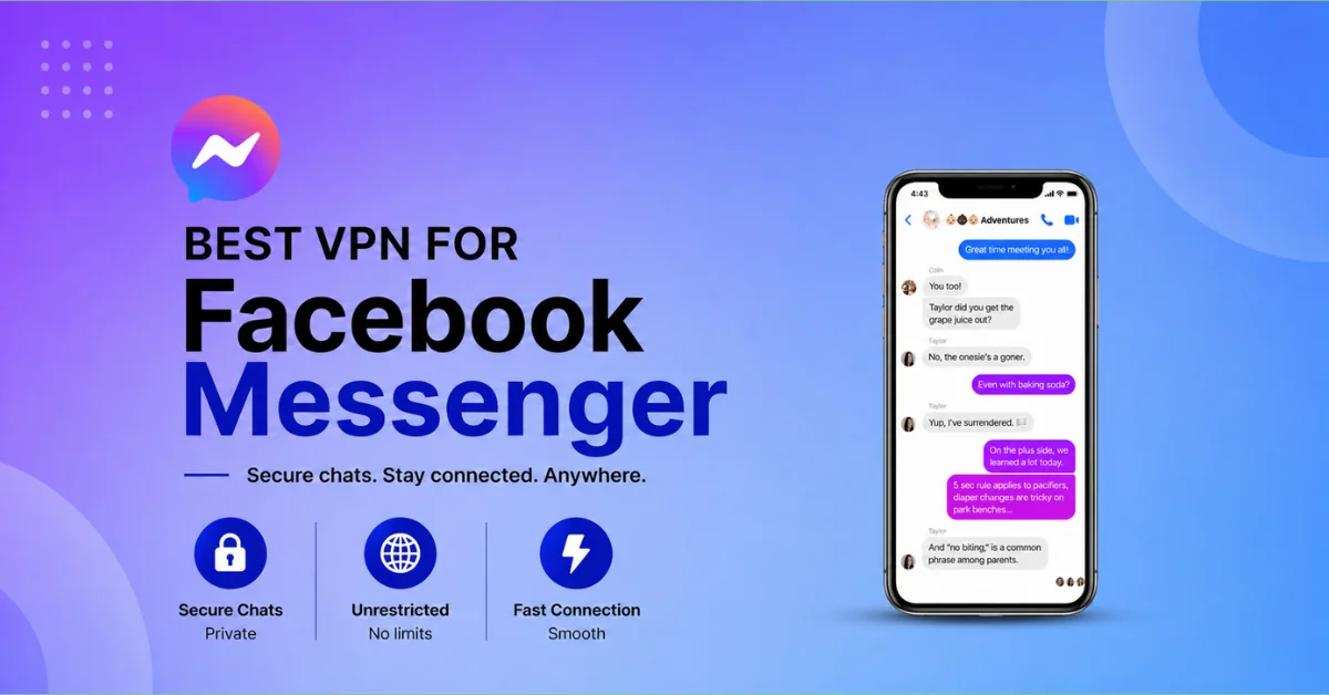 Blue and purple gradient banner showing Best VPN for Facebook Messenger with smartphone displaying Messenger chat and features like secure chats, unrestricted access and fast connection